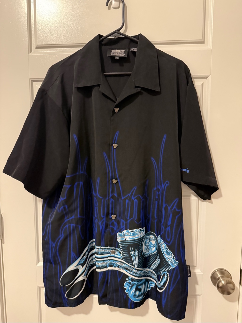 Men's Black Short-Sleeve Button-Down Shirt with Blue Engine Graphic